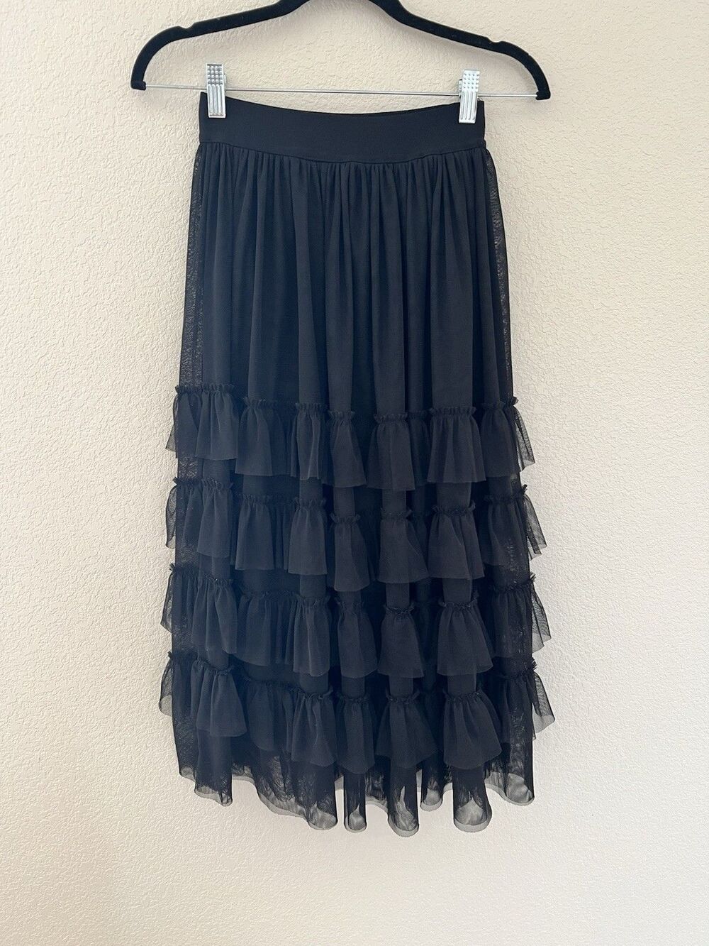 Kikiriki Midi Skirt Womens Size Small Black Casual Pull On Outdoor Ruffle Mesh